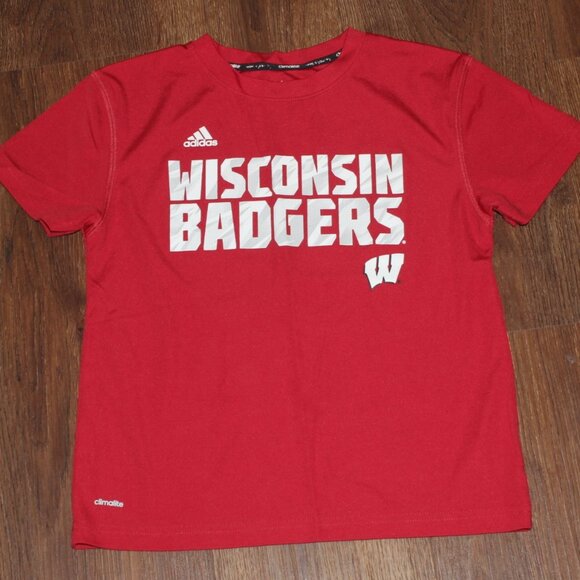 Boys Kids Adidas Climalite Wisconsin Badgers Red White Athletic Tee T-Shirt 6X/7 - Picture 1 of 3